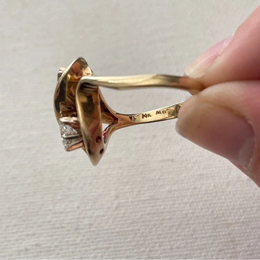 Vintage 14kt Gold European Cut Diamond & Blue Diamond Sz 7.75 Toi Et Moi Ring - Picture 7 of 11